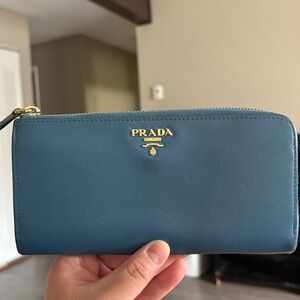 Prada Blue Leather Zip-Around Wallet with gold tone hardware